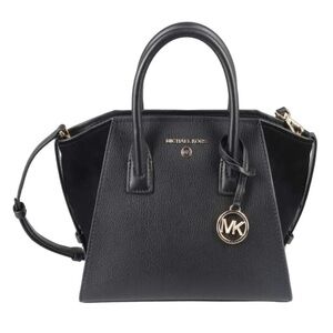 Michael Kors Black Leather Satchel with Silver MK Charm